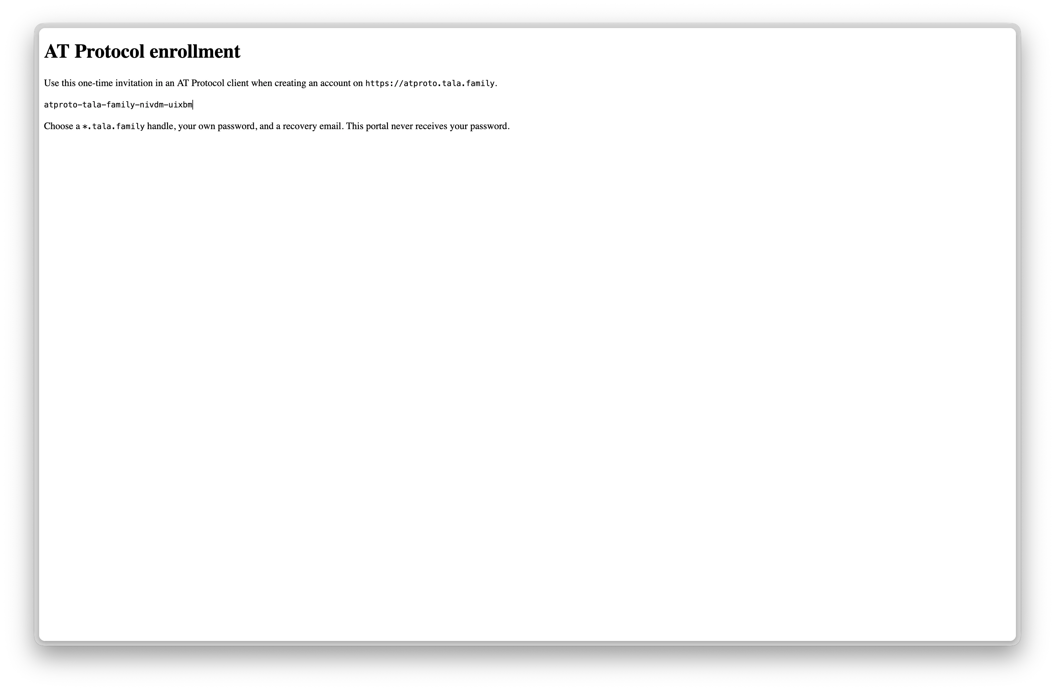 Page avec le code d'invitation pour se créer un compte sur notre instance AT Proto