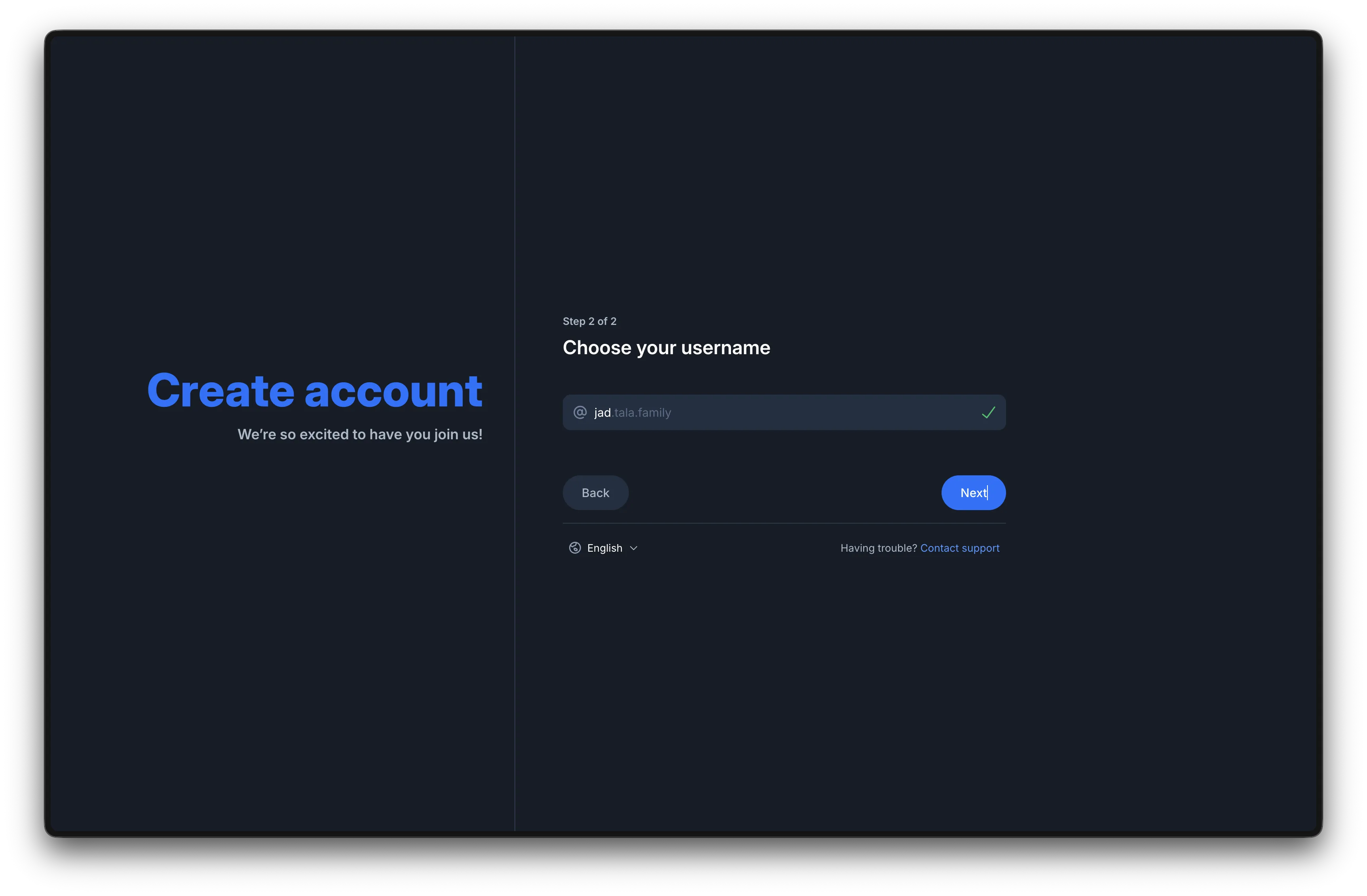 Page de sélection de username